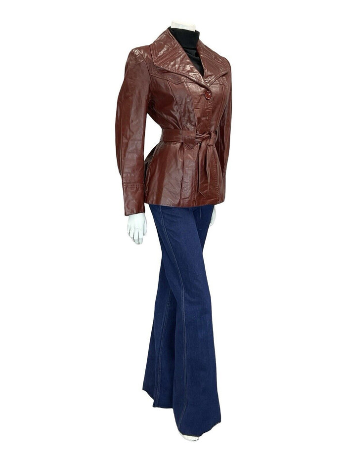 VTG 60S 70S OXBLOOD BURGUNDY RED TIE WAIST BUTTON DOWN LEATHER JACKET 12