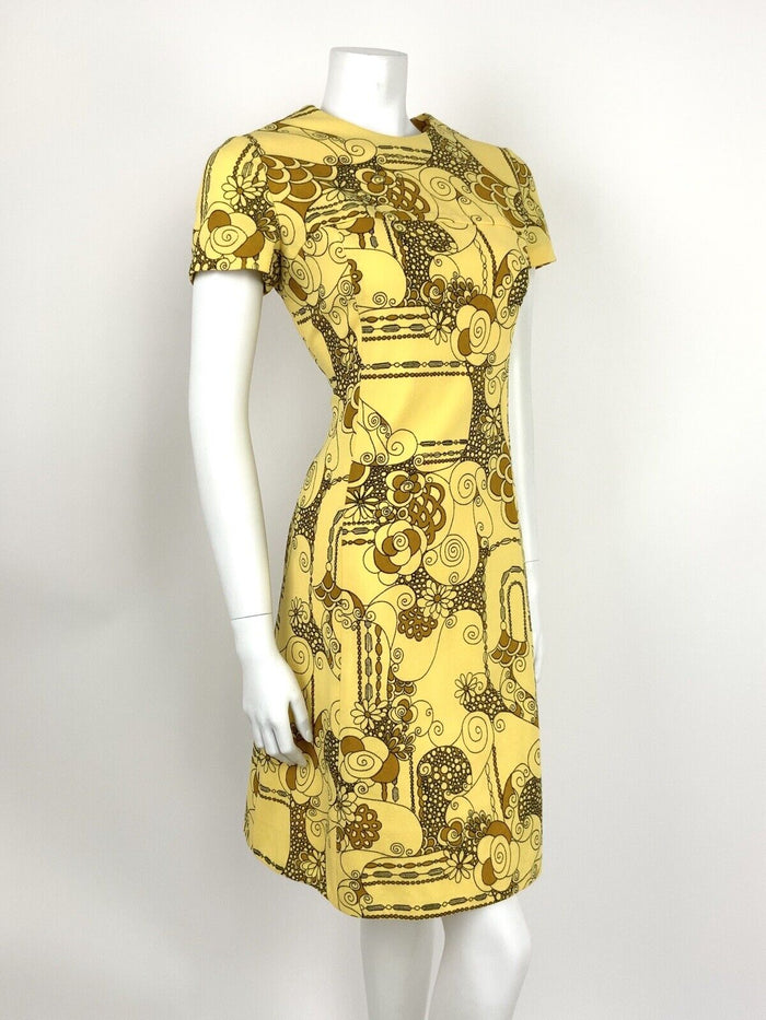 VTG 60s 70s PASTEL YELLOW BLACK BROWN ABSTRACT FLORAL SWIRL A-LINE DRESS 10 12