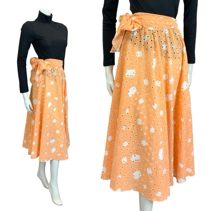 VTG 60S 70S PEACH ORANGE WHITE ANGLAISE GEOMETRIC TIE WAIST MIDI SKIRT 4