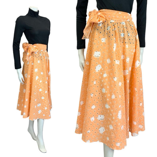 VTG 60S 70S PEACH ORANGE WHITE ANGLAISE GEOMETRIC TIE WAIST MIDI SKIRT 4