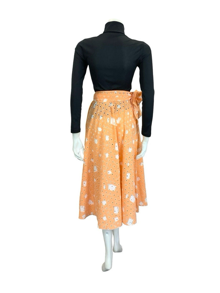 VTG 60S 70S PEACH ORANGE WHITE ANGLAISE GEOMETRIC TIE WAIST MIDI SKIRT 4