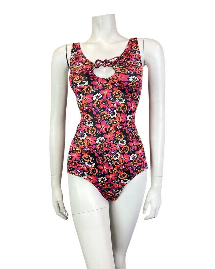 VTG 60s 70s PINK BLACK ORANGE NEON PSYCHEDELIC FLORAL SWIMSUIT BODYSUIT 12 14