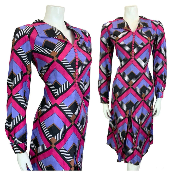 VTG 60S 70S PINK BLACK WHITE PURPLE GEOMETRIC STRIPE OPEN COLLAR SHIRT DRESS 12