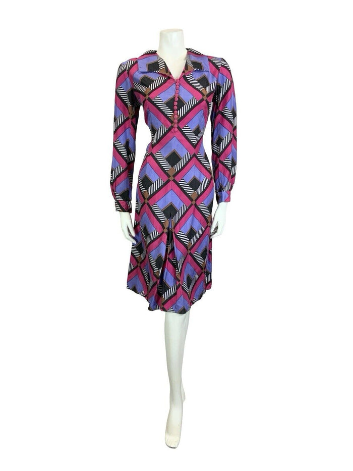 VTG 60S 70S PINK BLACK WHITE PURPLE GEOMETRIC STRIPE OPEN COLLAR SHIRT DRESS 12