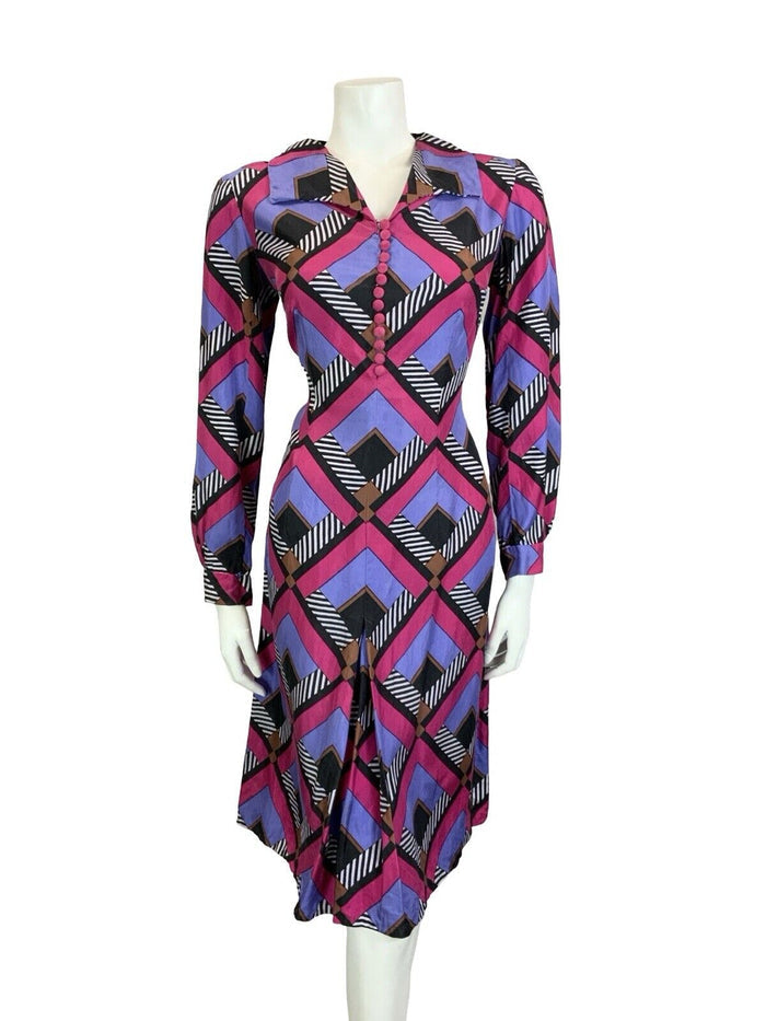 VTG 60S 70S PINK BLACK WHITE PURPLE GEOMETRIC STRIPE OPEN COLLAR SHIRT DRESS 12