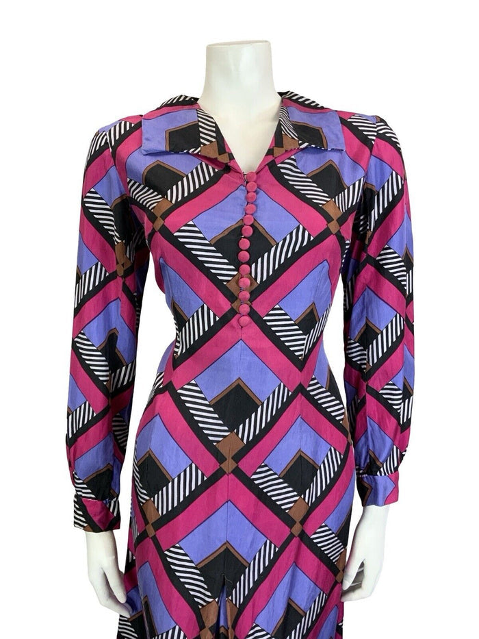 VTG 60S 70S PINK BLACK WHITE PURPLE GEOMETRIC STRIPE OPEN COLLAR SHIRT DRESS 12