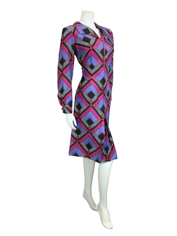 VTG 60S 70S PINK BLACK WHITE PURPLE GEOMETRIC STRIPE OPEN COLLAR SHIRT DRESS 12