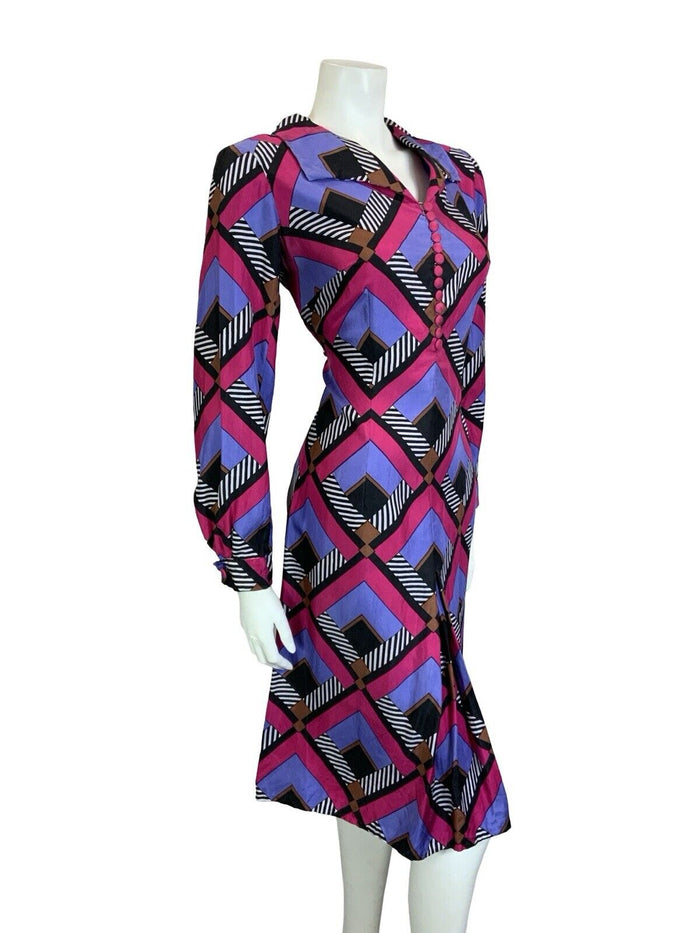 VTG 60S 70S PINK BLACK WHITE PURPLE GEOMETRIC STRIPE OPEN COLLAR SHIRT DRESS 12
