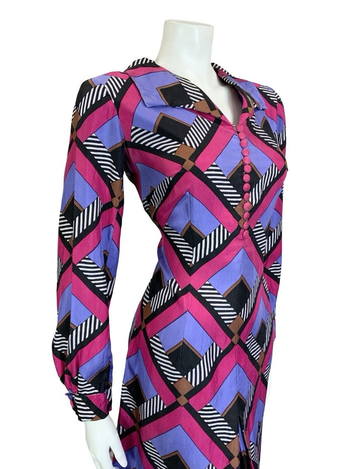 VTG 60S 70S PINK BLACK WHITE PURPLE GEOMETRIC STRIPE OPEN COLLAR SHIRT DRESS 12