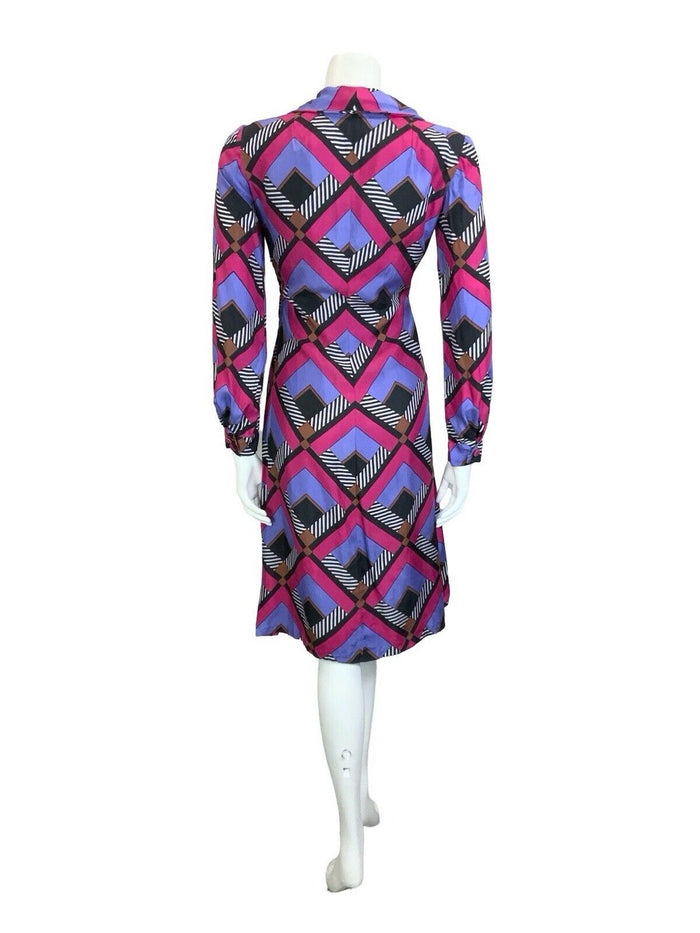 VTG 60S 70S PINK BLACK WHITE PURPLE GEOMETRIC STRIPE OPEN COLLAR SHIRT DRESS 12