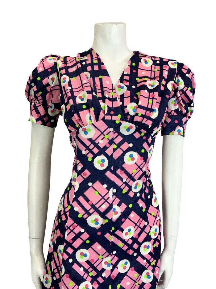 VTG 60S 70S PINK BLUE WHITE GEOMETRIC PUFF SLEEVE V NECK FITTED MINI DRESS 14