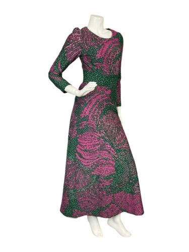 VTG 60S 70S PINK GREEN SILVER PSYCHDELIC DOTTY LONG SLEEVE PARTY MAXI DRESS 4