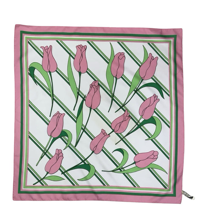 VTG 60S 70S PINK GREEN WHITE STRIPED TULIP FLORAL FLOWER ROSE SCARF