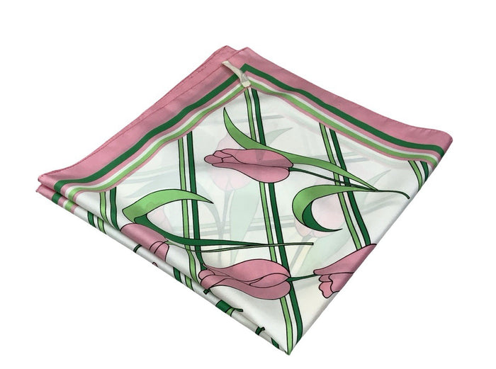 VTG 60S 70S PINK GREEN WHITE STRIPED TULIP FLORAL FLOWER ROSE SCARF