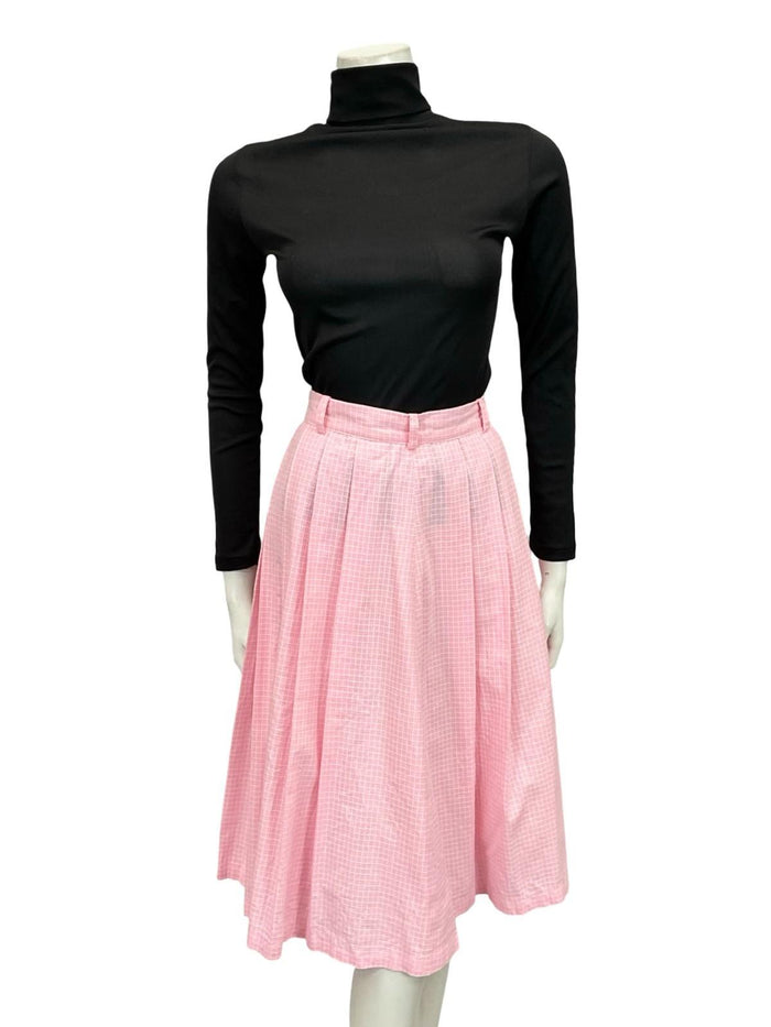 VTG 60S 70S PINK WHITE GRID GEOMETRIC PLEATED SECRETARY GEEK MIDI SKIRT 8 10 S