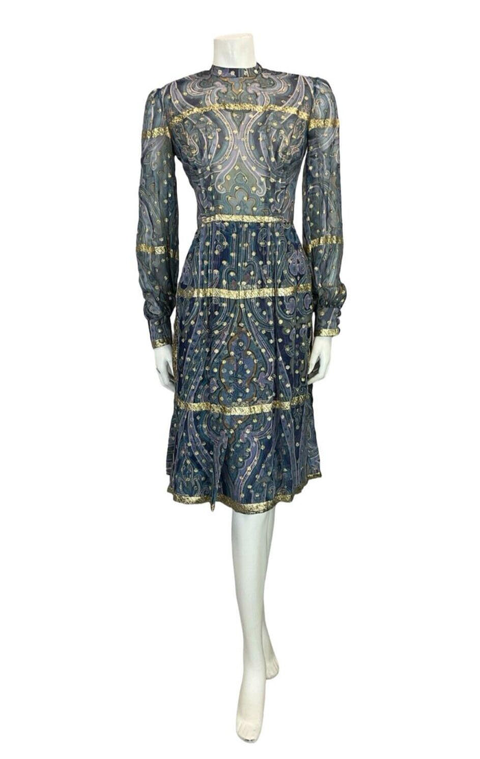 VTG 60S 70S PSYCHEDELIC BLUE PURPLE GOLD MANDALA HIPPY TUNIC LONG SLEEVE DRESS 6