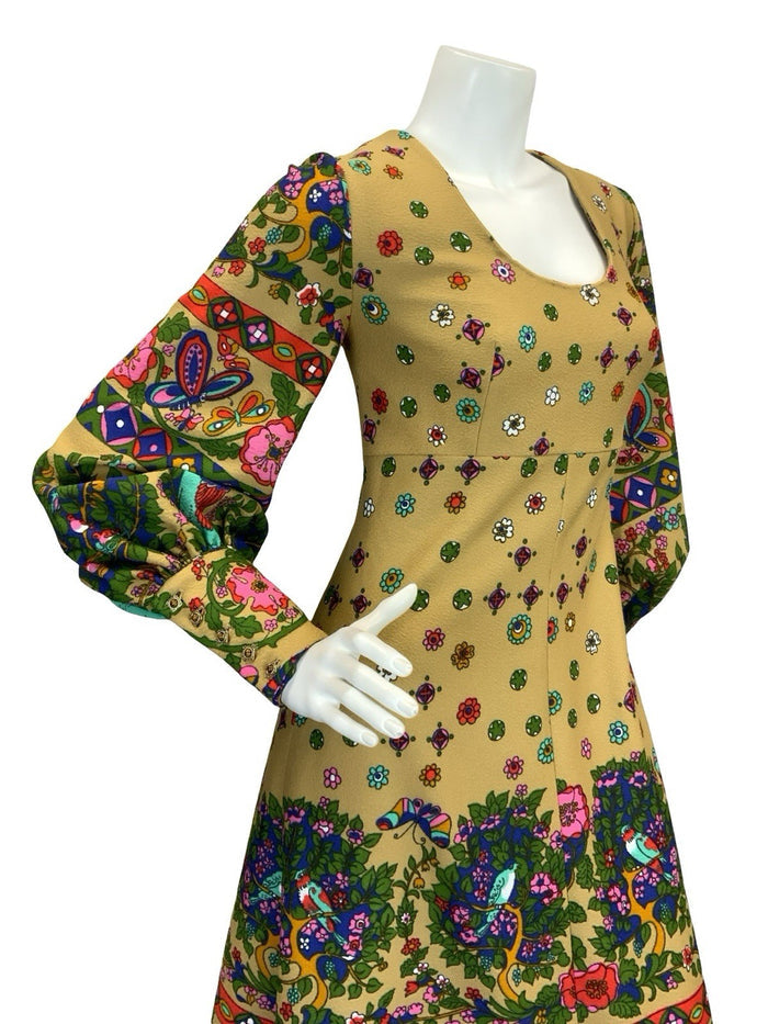 VTG 60S 70S PSYCHEDELIC PAISLEY PEACOCK BOHO MAXI DRESS TAN GREEN RED BLUE 8 10