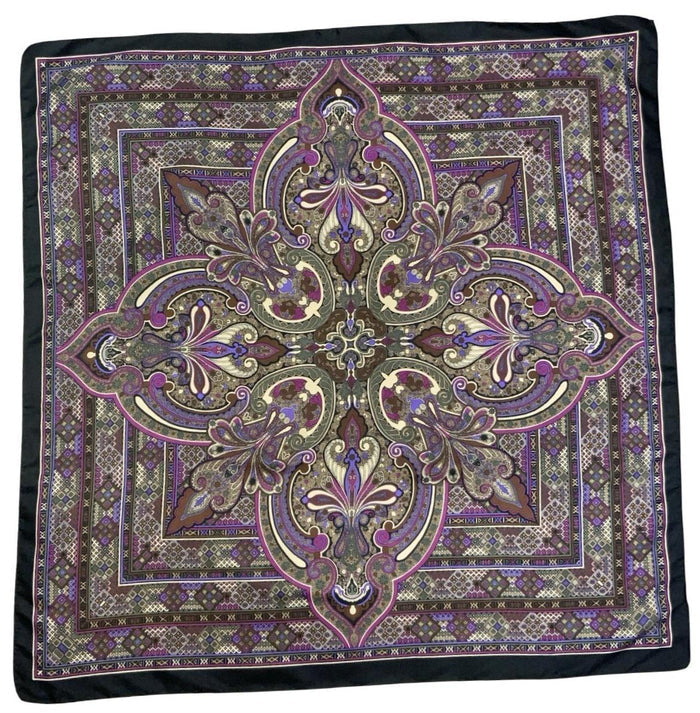 VTG 60S 70S PURPLE BROWN BLACK PSYCHEDELIC MANDALA GEOMETRIC SCARF