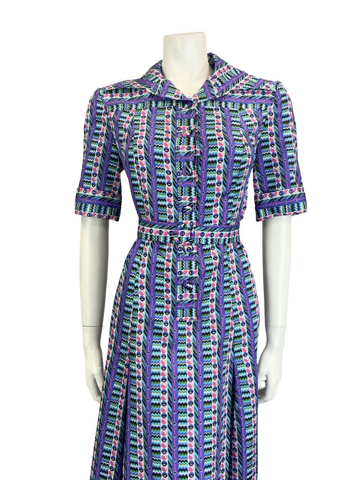 VTG 60S 70S PURPLE GREEN PINK GEOMETRIC STRIPE DAGGER BELTED SHIRT DRESS 14