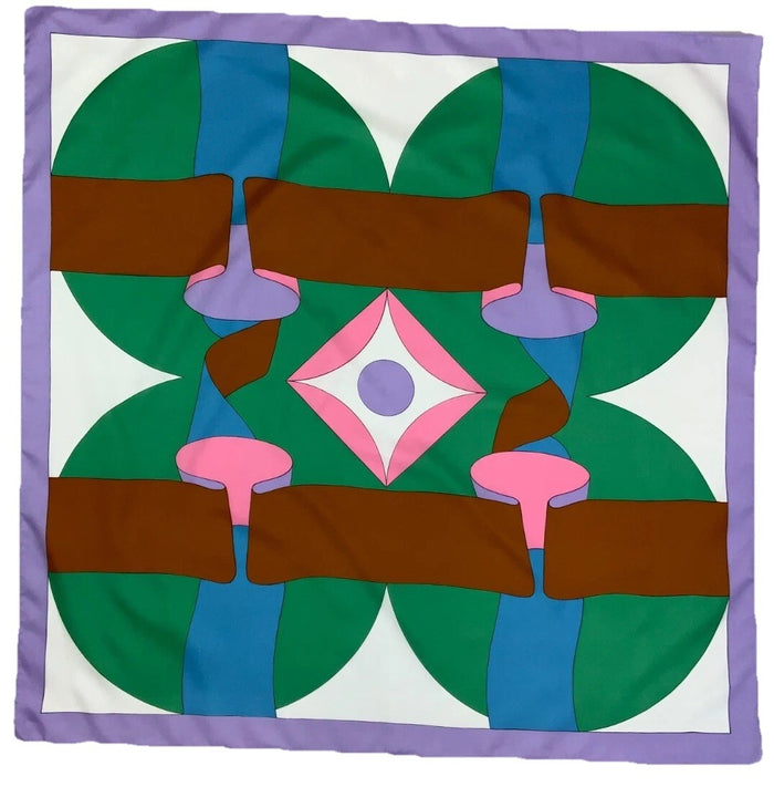 VTG 60S 70S PURPLE GREEN WHITE BLUE PINK BROWN MOD GEOMETRIC SCARF