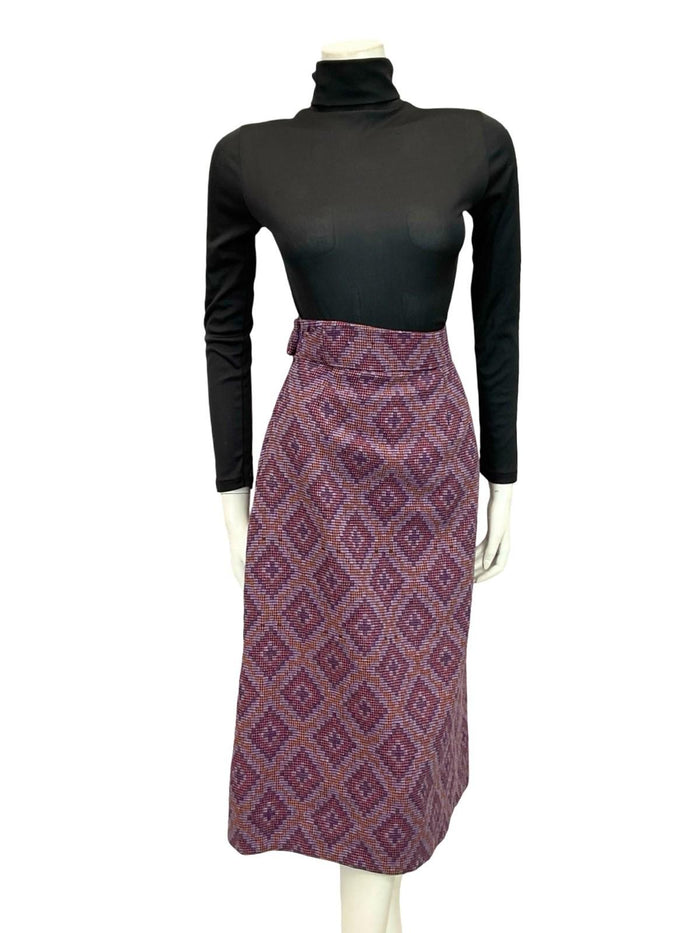 VTG 60S 70S PURPLE ORANGE GEOMETRIC DIAMOND WOVEN WOOL PENCIL MIDI SKIRT 10 12