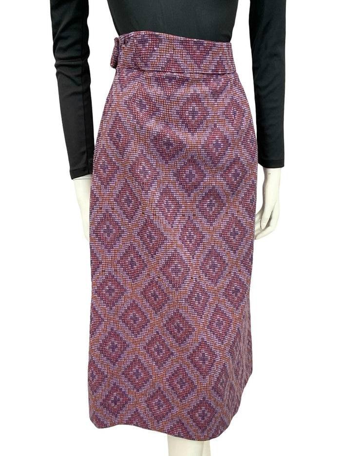VTG 60S 70S PURPLE ORANGE GEOMETRIC DIAMOND WOVEN WOOL PENCIL MIDI SKIRT 10 12