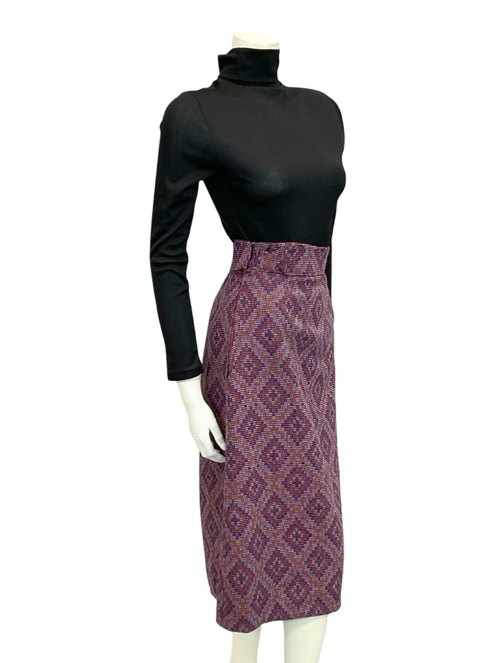 VTG 60S 70S PURPLE ORANGE GEOMETRIC DIAMOND WOVEN WOOL PENCIL MIDI SKIRT 10 12