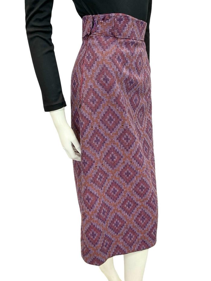 VTG 60S 70S PURPLE ORANGE GEOMETRIC DIAMOND WOVEN WOOL PENCIL MIDI SKIRT 10 12