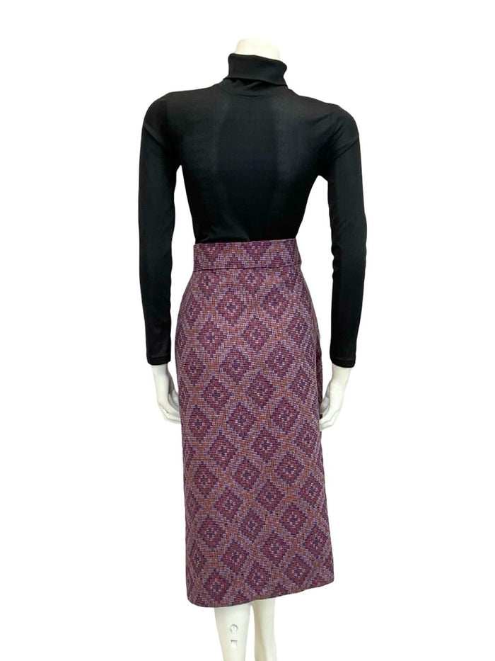 VTG 60S 70S PURPLE ORANGE GEOMETRIC DIAMOND WOVEN WOOL PENCIL MIDI SKIRT 10 12