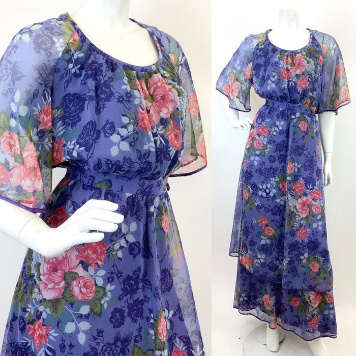 VTG 60s 70s PURPLE PINK GREEN FLORAL ROSE BOHO CAPE SLEEVE SHEER MAXI DRESS 12