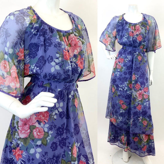 VTG 60s 70s PURPLE PINK GREEN FLORAL ROSE BOHO CAPE SLEEVE SHEER MAXI DRESS 12