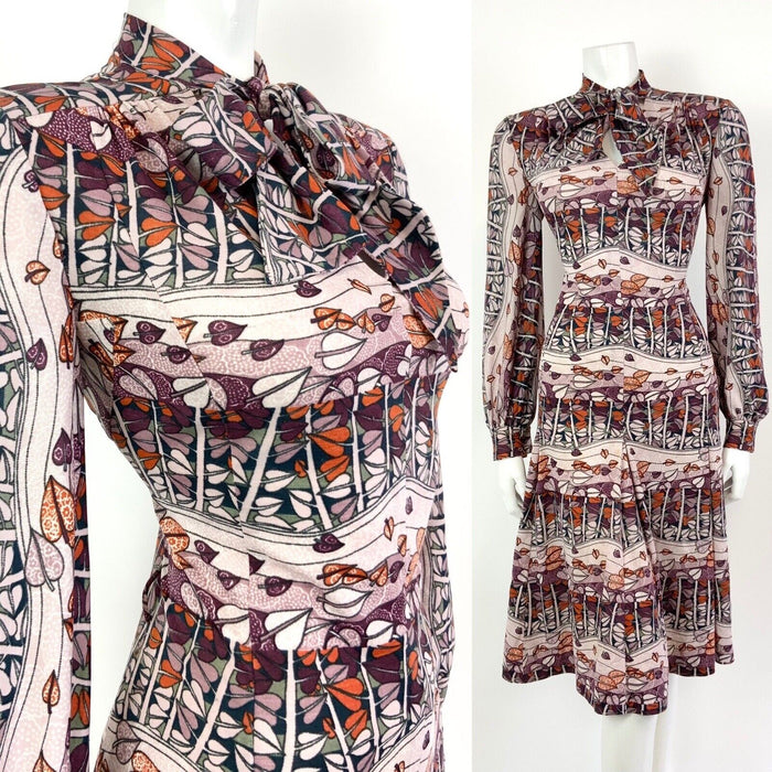 VTG 60s 70s PURPLE PINK ORANGE LEAFY TREE VINE PSYCHEDELIC PUSSYBOW DRESS 14 16