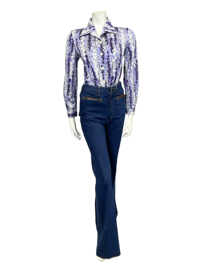 VTG 60S 70S PURPLE WHITE GREY FLORAL STRIPE TULIP DAFFODIL MOD SHIRT 10 12