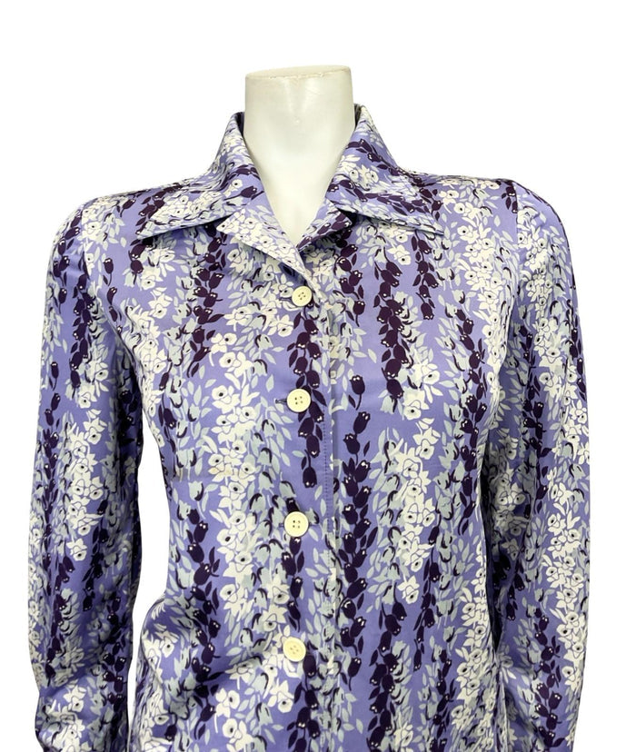 VTG 60S 70S PURPLE WHITE GREY FLORAL STRIPE TULIP DAFFODIL MOD SHIRT 10 12