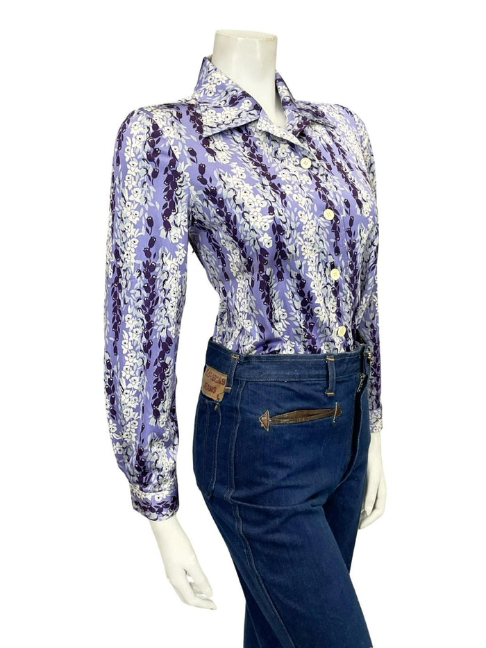 VTG 60S 70S PURPLE WHITE GREY FLORAL STRIPE TULIP DAFFODIL MOD SHIRT 10 12