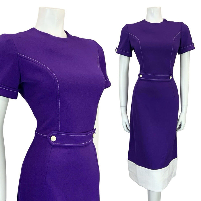 VTG 60S 70S PURPLE WHITE MOD BLOCK COLOUR CONTRAST STITCH MIDI DRESS 8 10 S