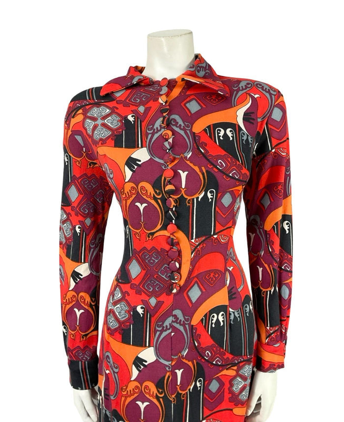 VTG 60S 70S RED BLACK ORANGE PURPLE AZTEC PSYCHEDELIC STRETCHY SHIRT DRESS 14