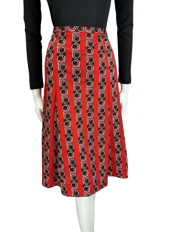 VTG 60S 70S RED BLACK WHTIE PSYCHEDELIC ART NOUVEAU STRIPE PLEATED MIDI SKIRT 12
