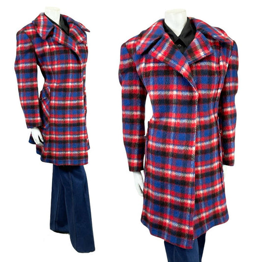Shrinking Violets vintage 60s 70s red blue plaid wool mod coat on a white mannequin wearing blue flared jeans