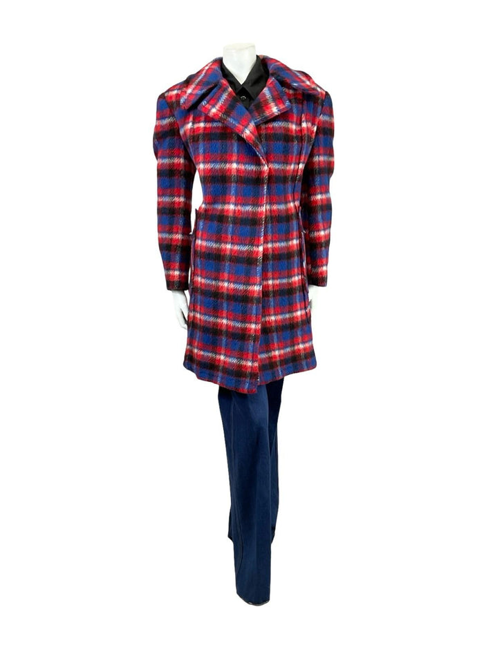 VTG 60S 70S RED BLUE BLACK WHITE PLAID TARTAN MOD NOTCH LAPEL COAT 18
