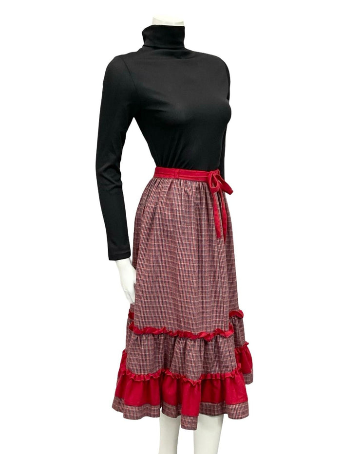 VTG 60S 70S RED BLUE GREEN RUFFLE TIE WAIST TIERED WOOL BLEND MIDI SKIRT 8