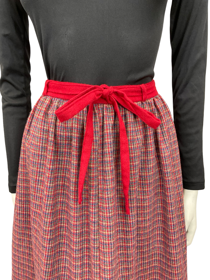 VTG 60S 70S RED BLUE GREEN RUFFLE TIE WAIST TIERED WOOL BLEND MIDI SKIRT 8