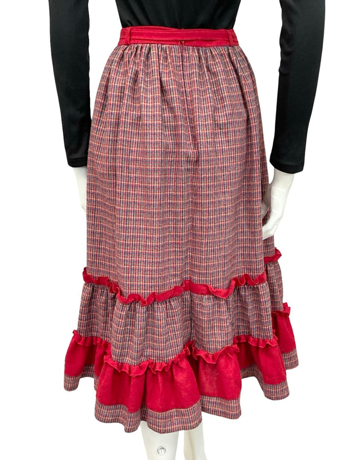 VTG 60S 70S RED BLUE GREEN RUFFLE TIE WAIST TIERED WOOL BLEND MIDI SKIRT 8