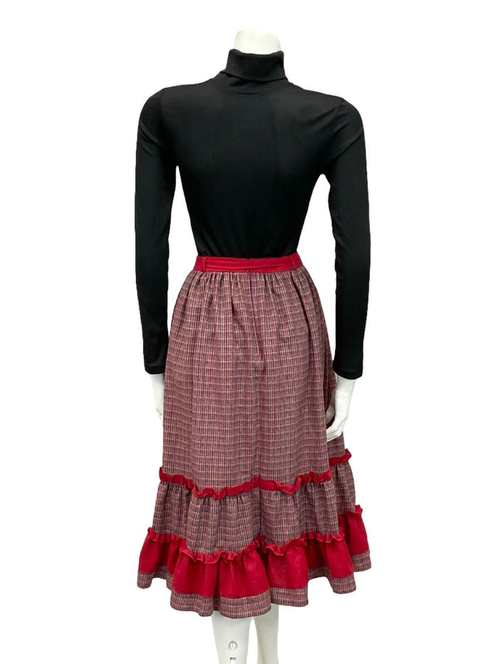 VTG 60S 70S RED BLUE GREEN RUFFLE TIE WAIST TIERED WOOL BLEND MIDI SKIRT 8