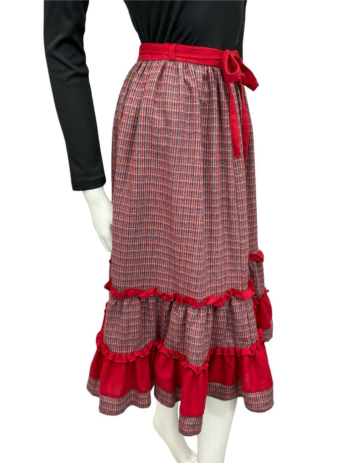 VTG 60S 70S RED BLUE GREEN RUFFLE TIE WAIST TIERED WOOL BLEND MIDI SKIRT 8