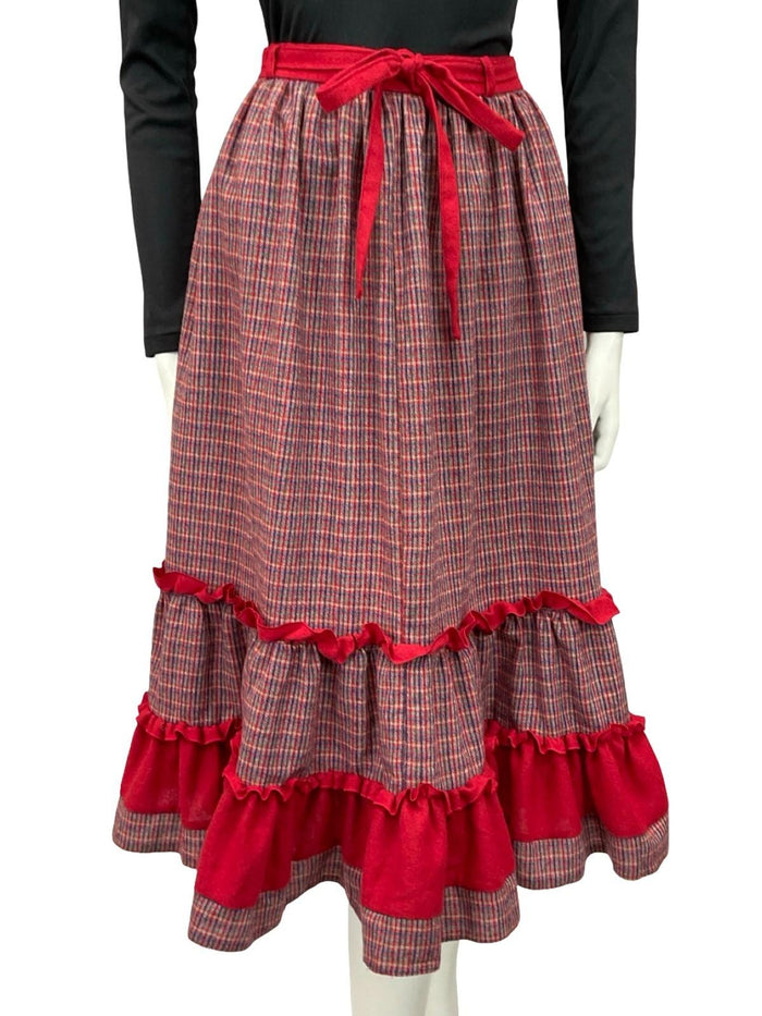 VTG 60S 70S RED BLUE GREEN RUFFLE TIE WAIST TIERED WOOL BLEND MIDI SKIRT 8