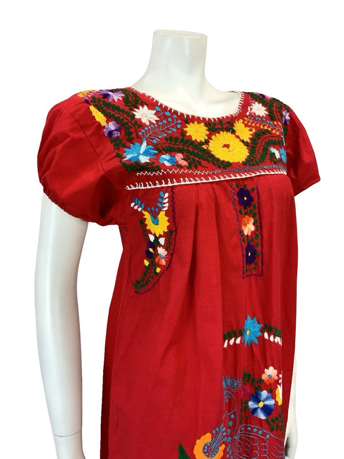 VTG 60S 70S RED BLUE GREEN YELLOW MEXICAN FOLK FLORAL EMBROIDERY DRESS 10