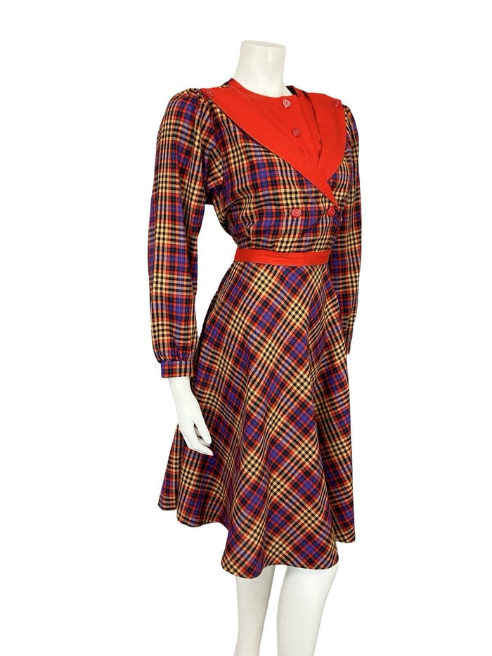VTG 60S 70S RED BLUE YELLOW TARTAN GRIDDED TAILORED SHIRT DRESS WITH BELT 10 12