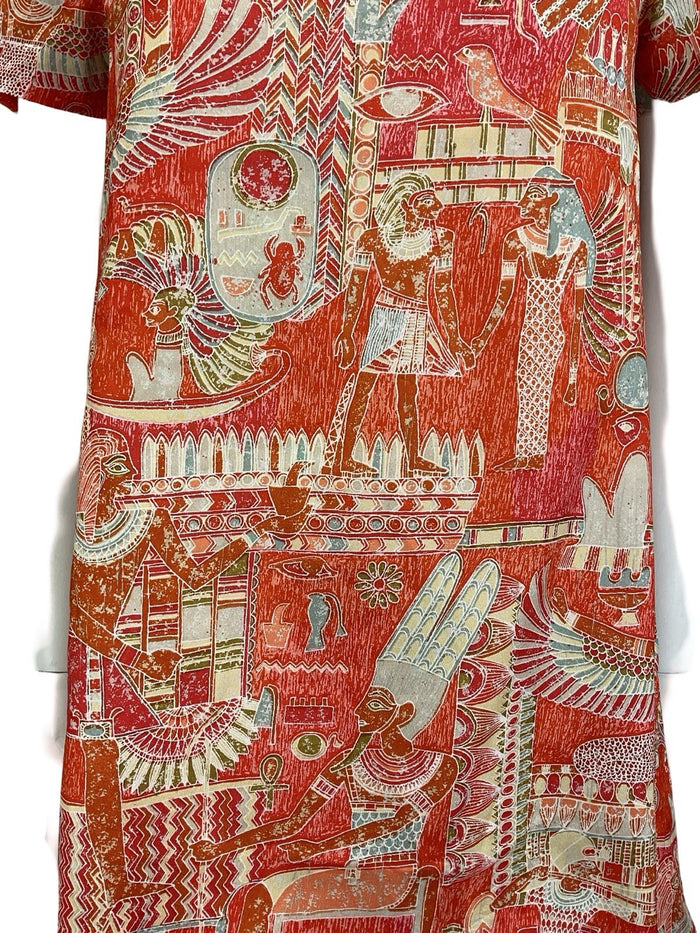 VTG 60S 70S RED ORANGE WHITE GREY EGYPTIAN SCALLOP V NECK SMOCK SHIFT DRESS 8