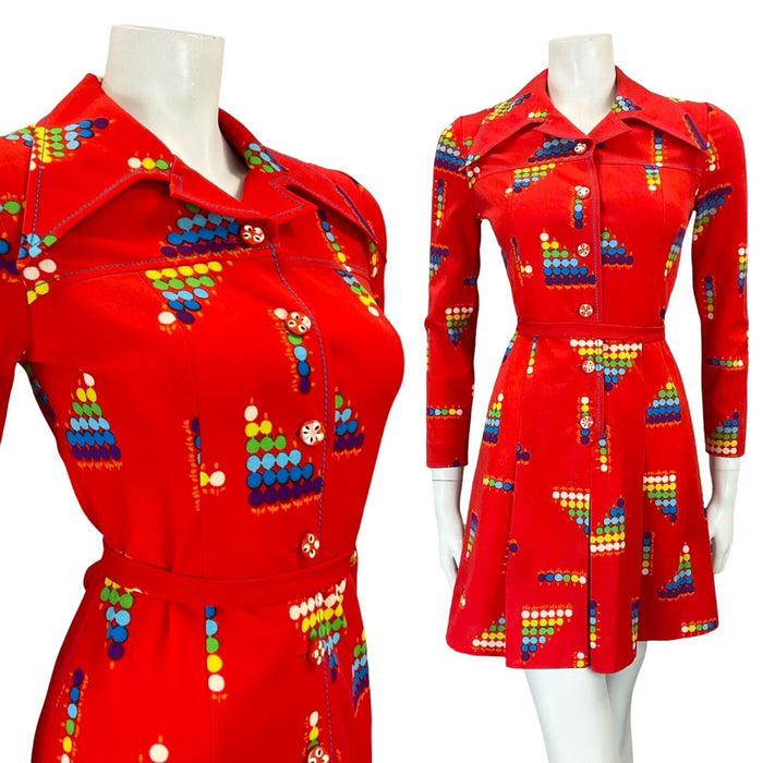 VTG 60S 70S RED PURPLE BLUE GEOMETRIC DOTTY WING COLLAR PLEATED SHIRT DRESS 4
